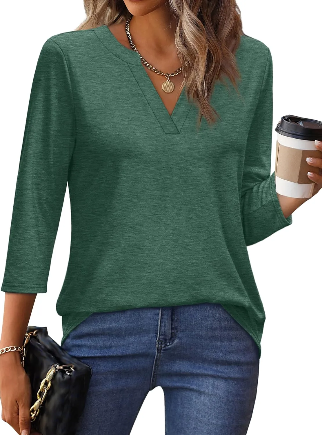 OFEEFAN 3/4 Length Sleeve Womens Tops V Neck Tunic Shirts Loose Curved Hem Blouses Dressy Casual S-3XL