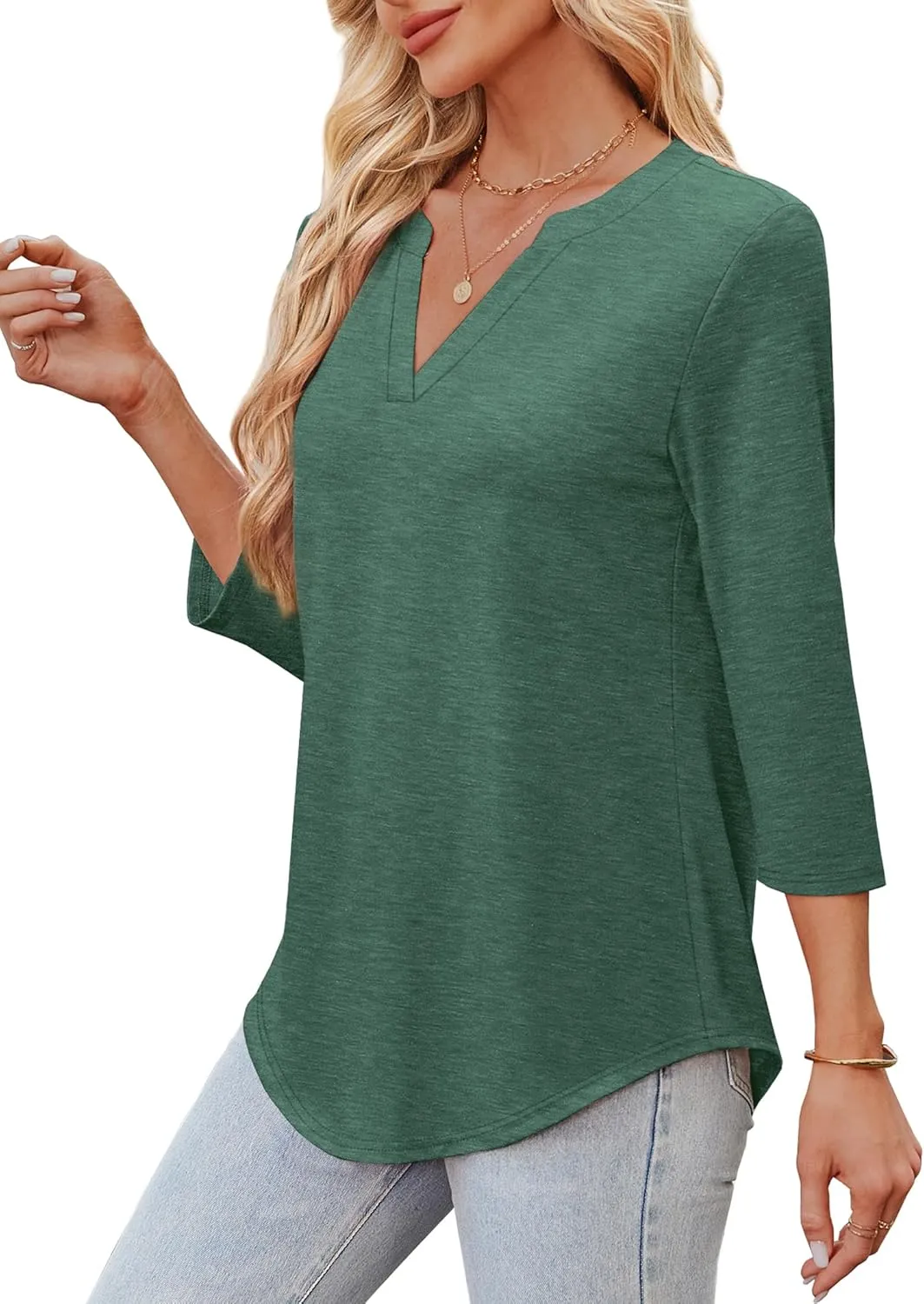 OFEEFAN 3/4 Length Sleeve Womens Tops V Neck Tunic Shirts Loose Curved Hem Blouses Dressy Casual S-3XL