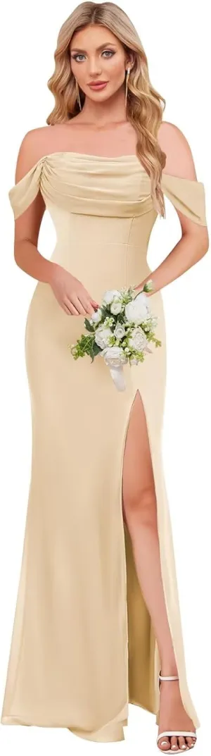 Off The Shoulder Bridesmaid Dresses for Women Chiffon Long Formal Evening Dress with Slit