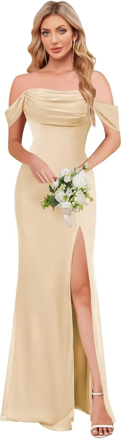 Off The Shoulder Bridesmaid Dresses for Women Chiffon Long Formal Evening Dress with Slit