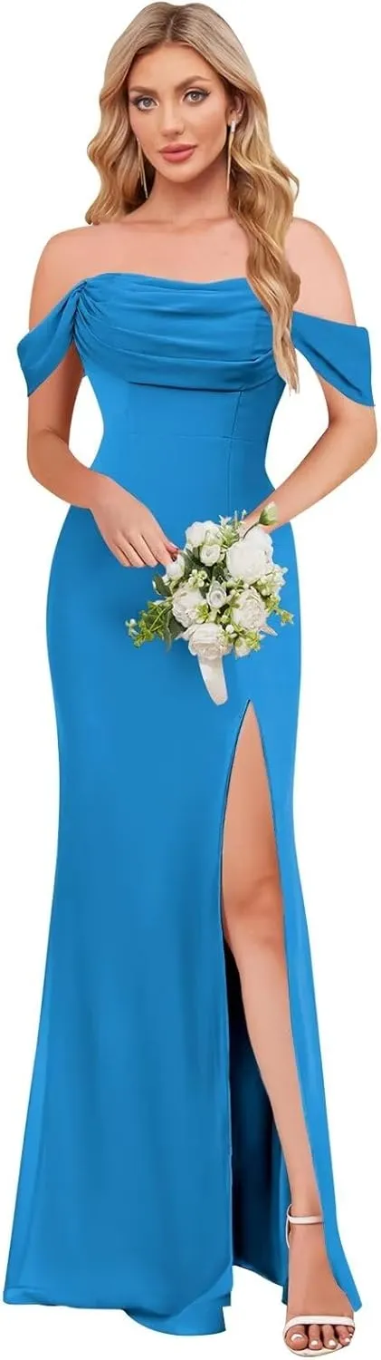 Off The Shoulder Bridesmaid Dresses for Women Chiffon Long Formal Evening Dress with Slit
