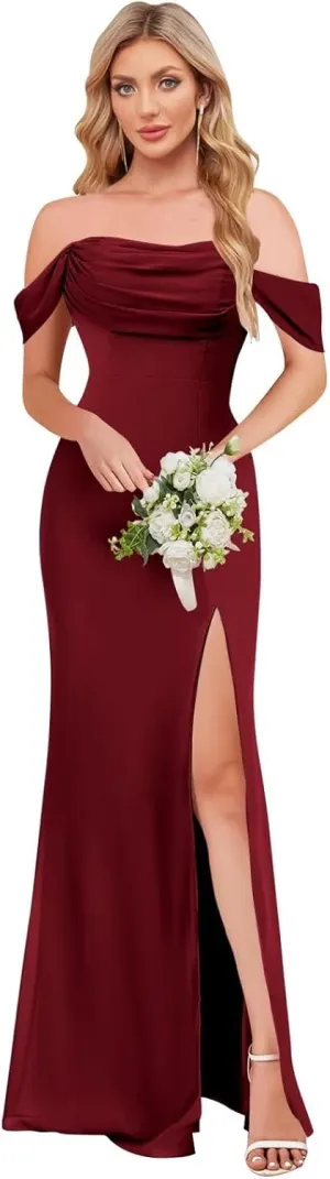 Off The Shoulder Bridesmaid Dresses for Women Chiffon Long Formal Evening Dress with Slit