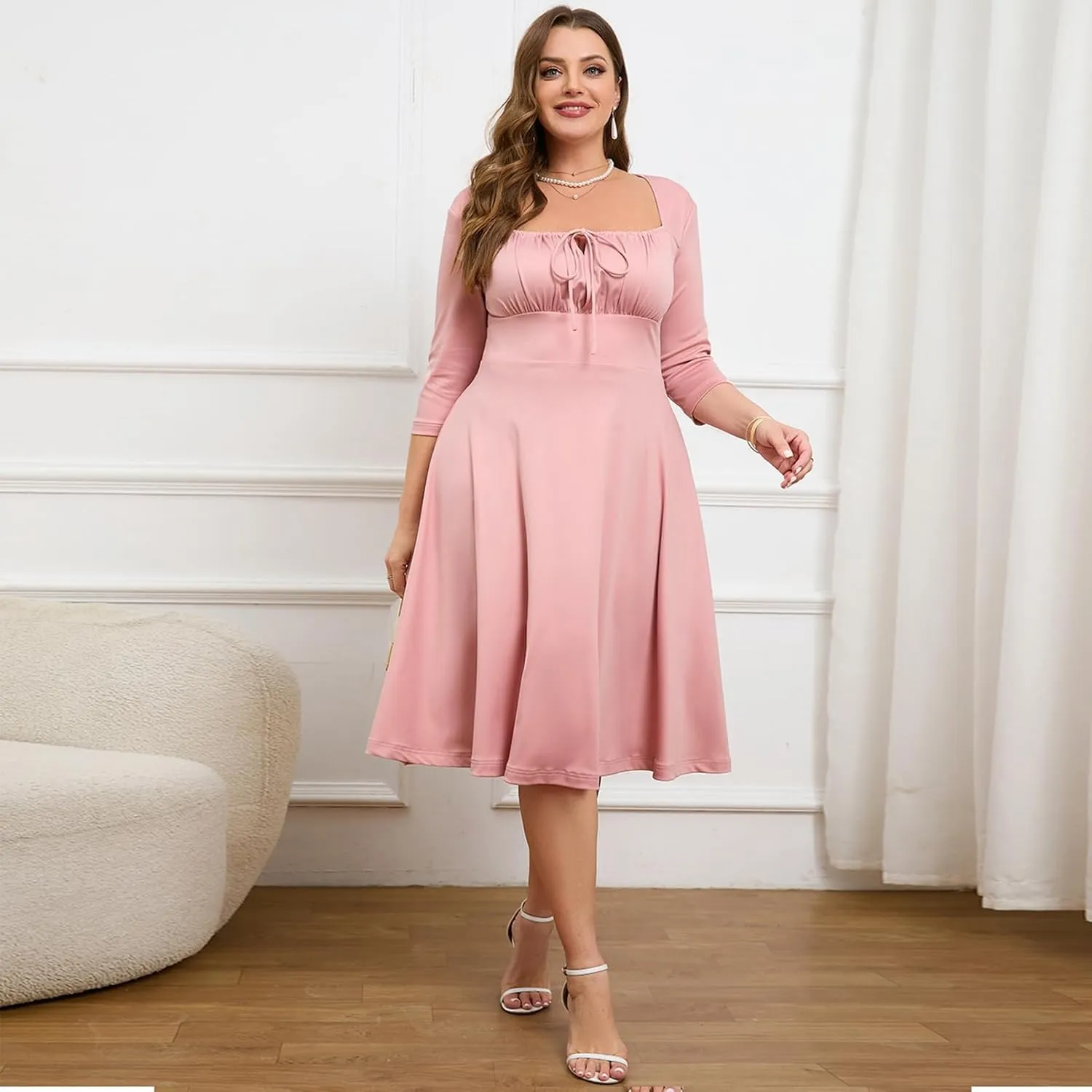 Plus Size Formal Cocktail Dresses Tie Front Adjustable Strap, Satin Midi Prom Wedding Guest Party Dress