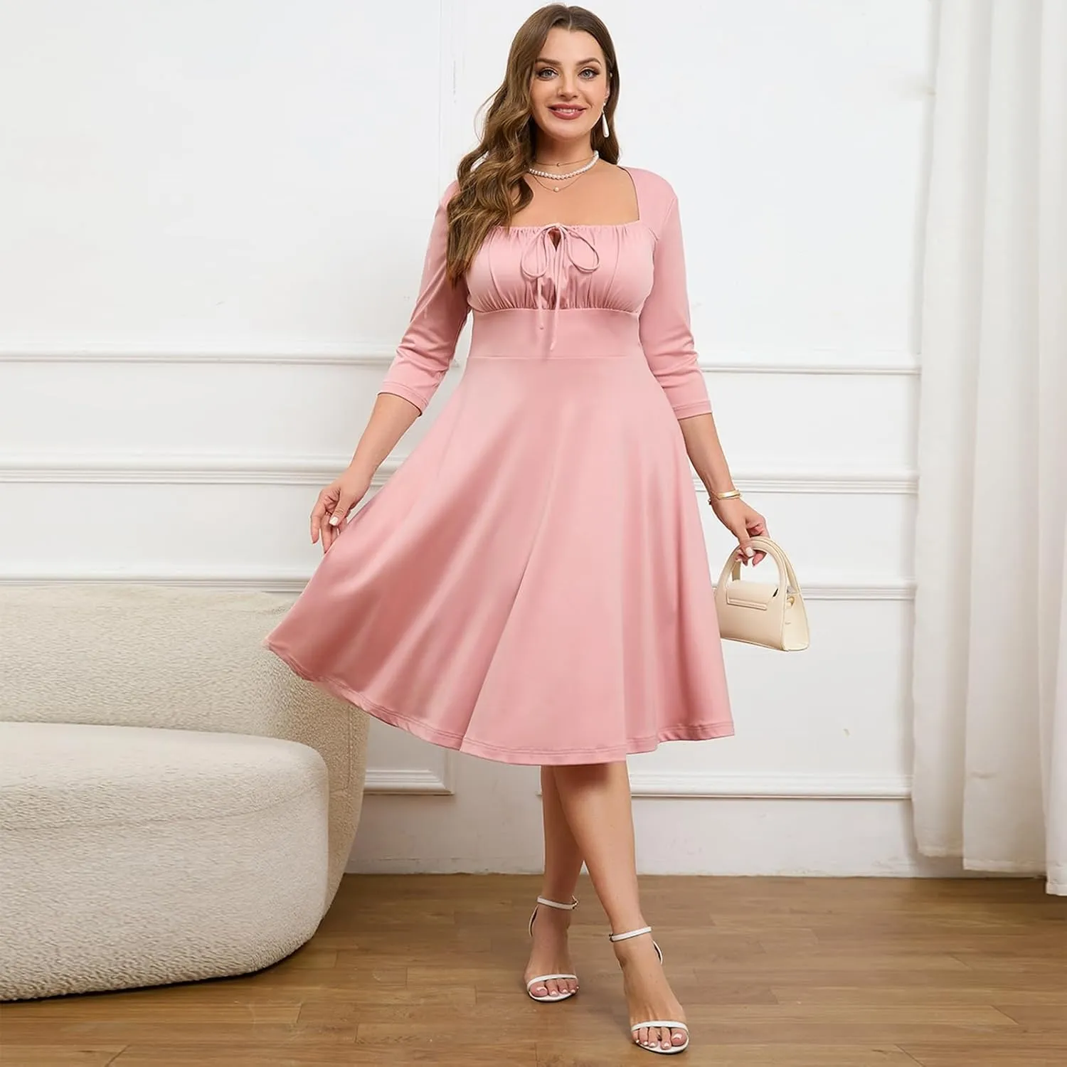 Plus Size Formal Cocktail Dresses Tie Front Adjustable Strap, Satin Midi Prom Wedding Guest Party Dress
