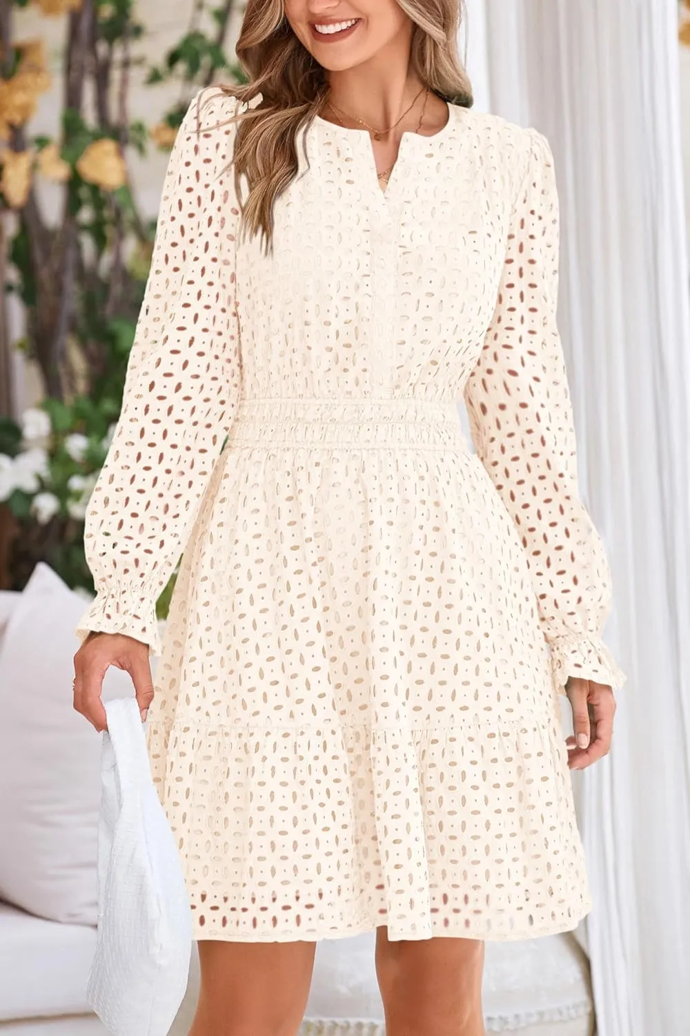 PRETTYGARDEN Women's 2025 Long Sleeve Mini Dress Eyelet V Neck A Line Casual Elegant Holiday Wedding Guest Party Dresses