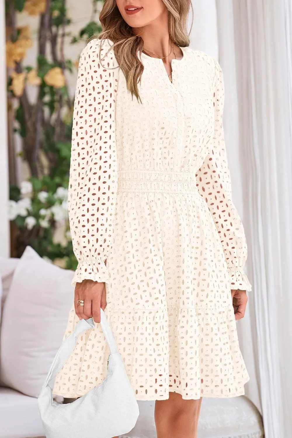 PRETTYGARDEN Women's 2025 Long Sleeve Mini Dress Eyelet V Neck A Line Casual Elegant Holiday Wedding Guest Party Dresses