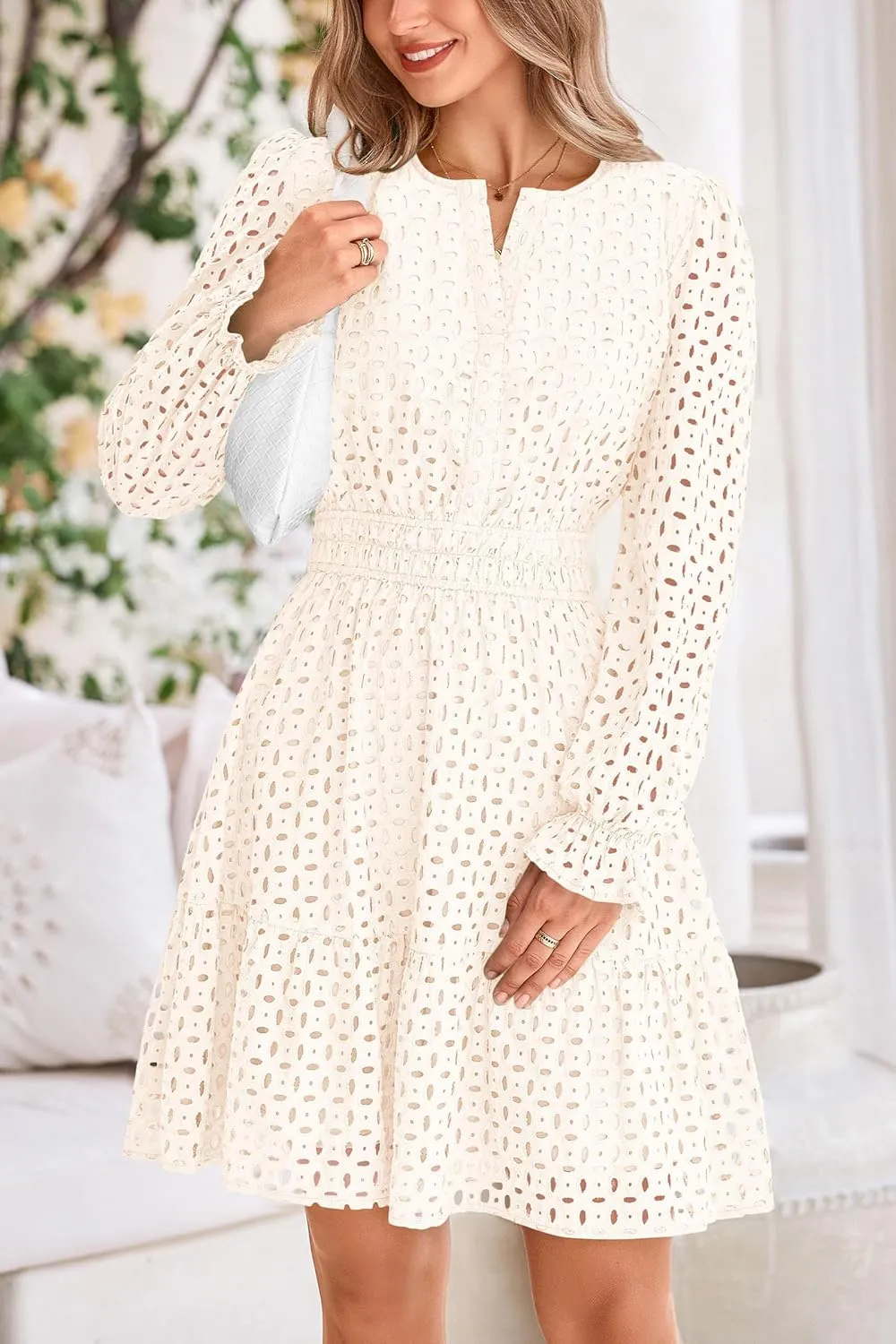 PRETTYGARDEN Women's 2025 Long Sleeve Mini Dress Eyelet V Neck A Line Casual Elegant Holiday Wedding Guest Party Dresses