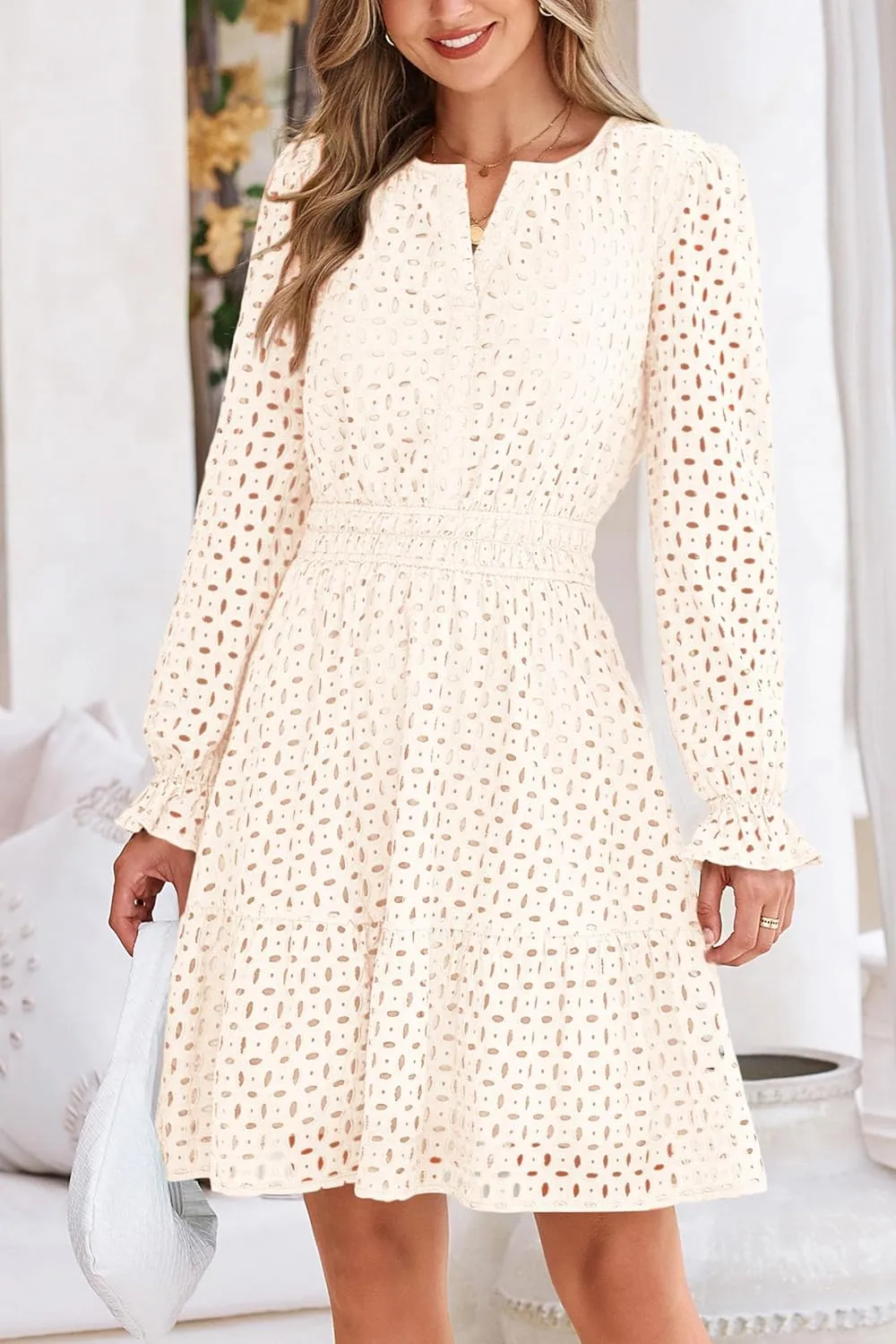 PRETTYGARDEN Women's 2025 Long Sleeve Mini Dress Eyelet V Neck A Line Casual Elegant Holiday Wedding Guest Party Dresses
