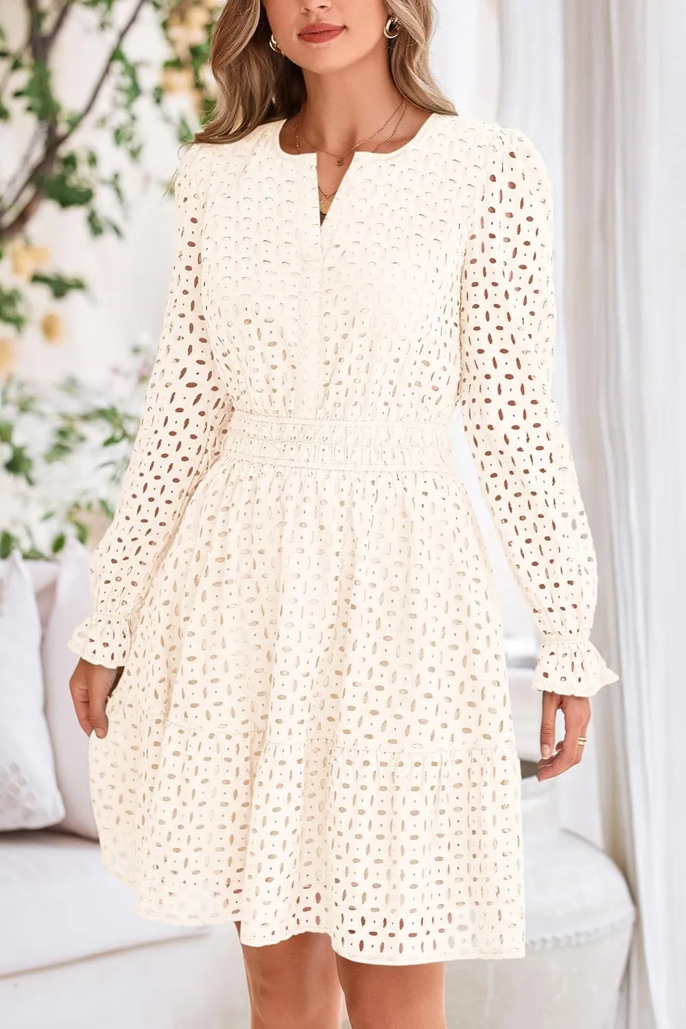 PRETTYGARDEN Women's 2025 Long Sleeve Mini Dress Eyelet V Neck A Line Casual Elegant Holiday Wedding Guest Party Dresses