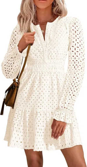 PRETTYGARDEN Women's 2025 Long Sleeve Mini Dress Eyelet V Neck A Line Casual Elegant Holiday Wedding Guest Party Dresses