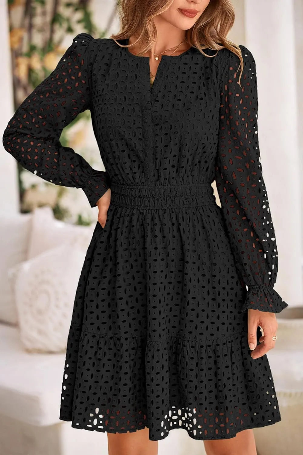 PRETTYGARDEN Women's 2025 Long Sleeve Mini Dress Eyelet V Neck A Line Casual Elegant Holiday Wedding Guest Party Dresses