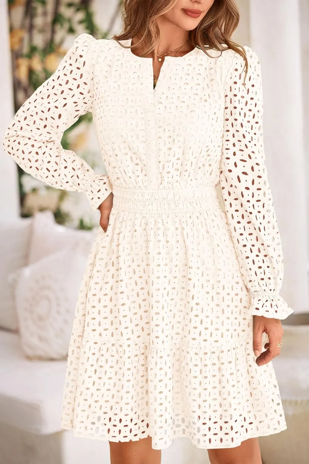 PRETTYGARDEN Women's 2025 Long Sleeve Mini Dress Eyelet V Neck A Line Casual Elegant Holiday Wedding Guest Party Dresses