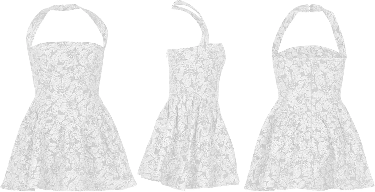 Ptorlio Sexy Mini Halter Dresses for Women Birthday Graduation Club Backless A-line Floral Ruffle Dress