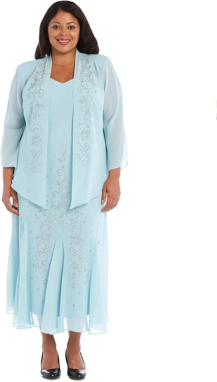 R&M Richards Womens Chiffon Beaded Dress with Jacket