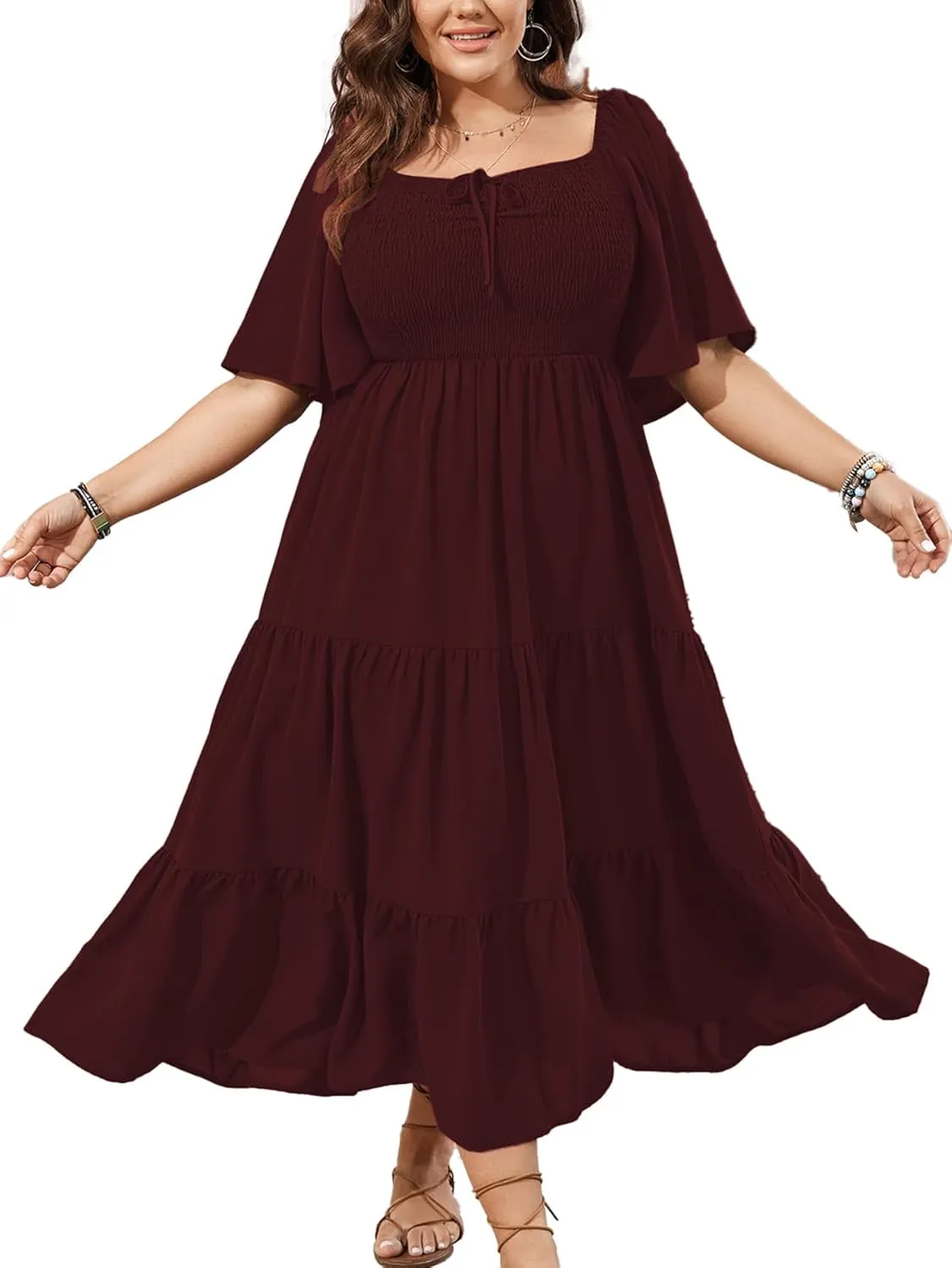 SCOMCHIC Women's Plus Size Flowy Maxi Dress Flutter Short Sleeve Boho Dress Square Neck Smocked Formal Dresses for Women