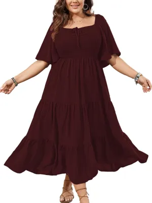 SCOMCHIC Women's Plus Size Flowy Maxi Dress Flutter Short Sleeve Boho Dress Square Neck Smocked Formal Dresses for Women