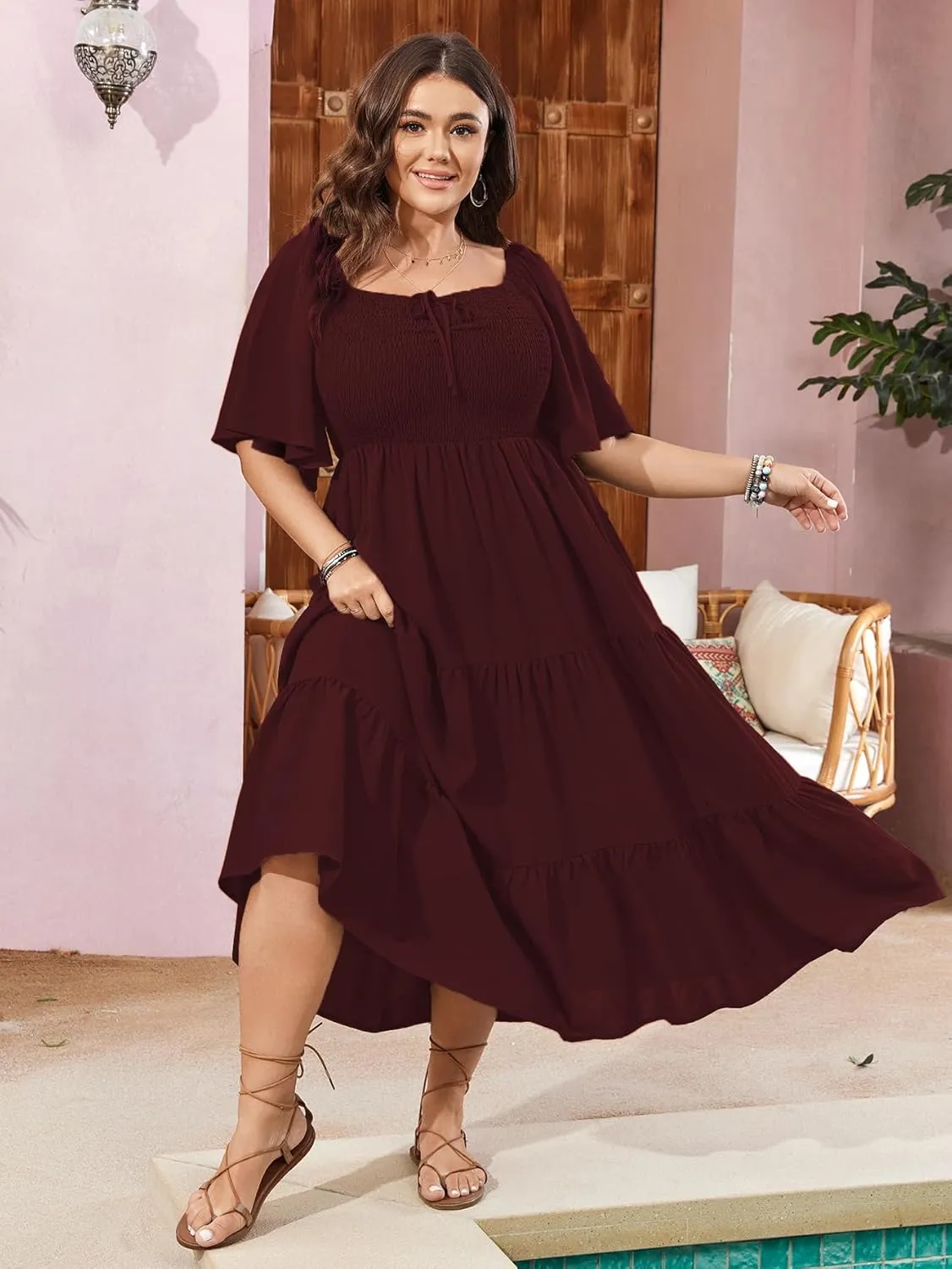 SCOMCHIC Women's Plus Size Flowy Maxi Dress Flutter Short Sleeve Boho Dress Square Neck Smocked Formal Dresses for Women