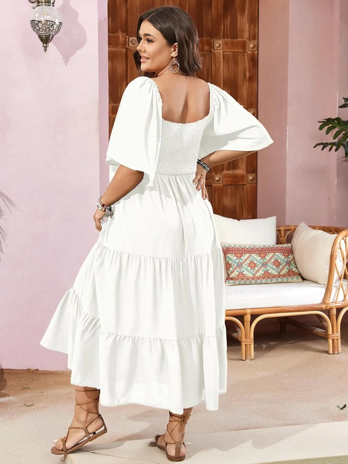 SCOMCHIC Women's Plus Size Flowy Maxi Dress Flutter Short Sleeve Boho Dress Square Neck Smocked Formal Dresses for Women