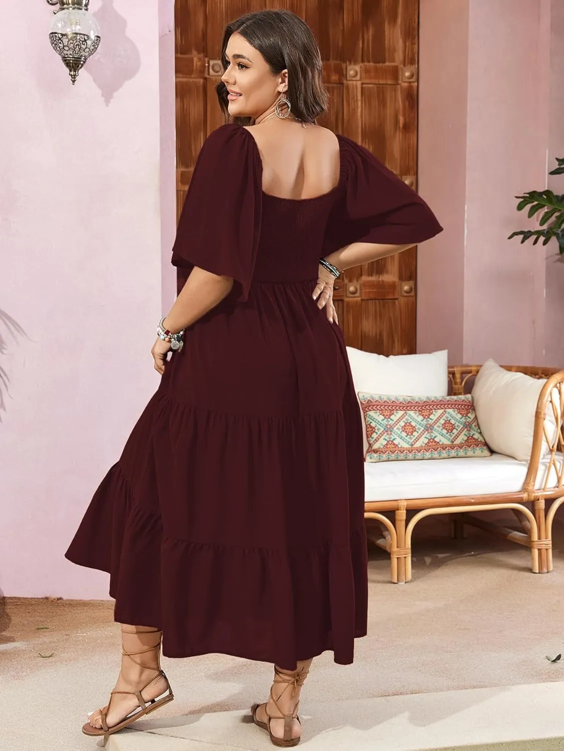 SCOMCHIC Women's Plus Size Flowy Maxi Dress Flutter Short Sleeve Boho Dress Square Neck Smocked Formal Dresses for Women
