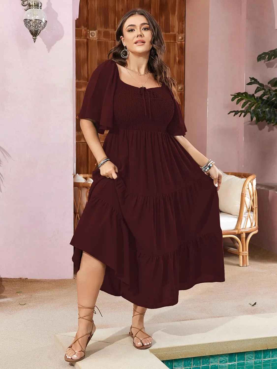 SCOMCHIC Women's Plus Size Flowy Maxi Dress Flutter Short Sleeve Boho Dress Square Neck Smocked Formal Dresses for Women