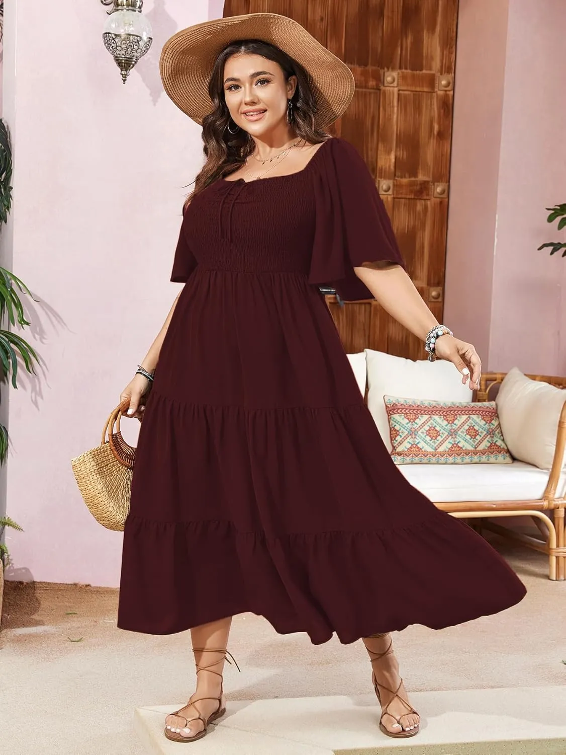 SCOMCHIC Women's Plus Size Flowy Maxi Dress Flutter Short Sleeve Boho Dress Square Neck Smocked Formal Dresses for Women