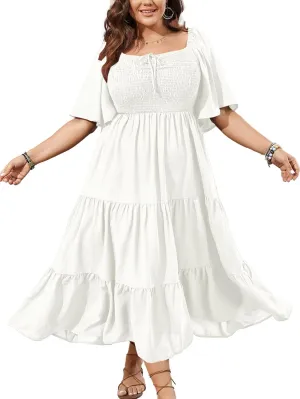 SCOMCHIC Women's Plus Size Flowy Maxi Dress Flutter Short Sleeve Boho Dress Square Neck Smocked Formal Dresses for Women