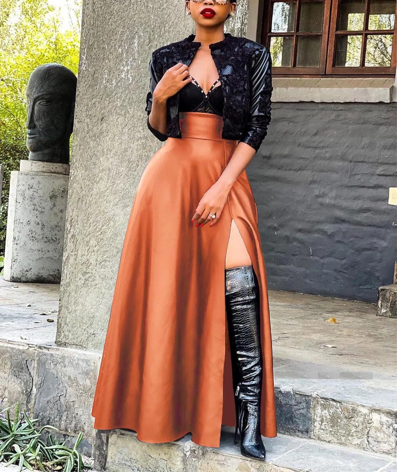 SEMATOMALA Women's Black Faux Leather Maxi Slit Skirt High Waisted A Line Long Swing Vintage Party Club Skirts