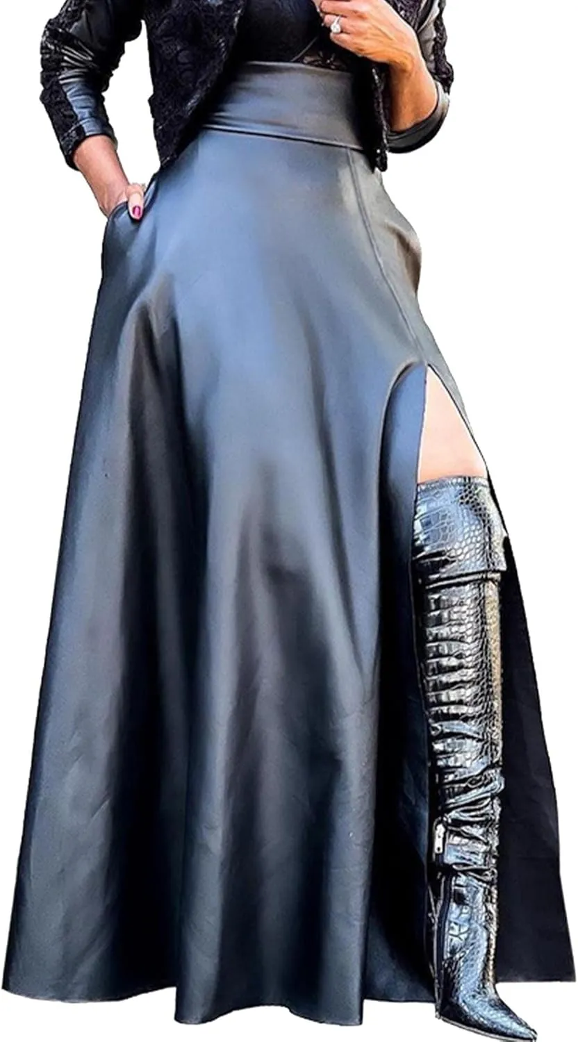 SEMATOMALA Women's Black Faux Leather Maxi Slit Skirt High Waisted A Line Long Swing Vintage Party Club Skirts
