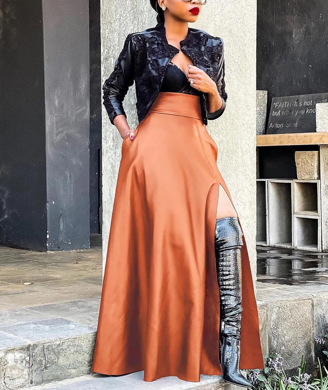 SEMATOMALA Women's Black Faux Leather Maxi Slit Skirt High Waisted A Line Long Swing Vintage Party Club Skirts