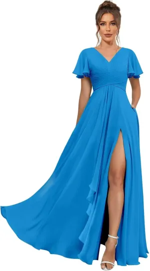 Short Sleeve Bridesmaid Dresses for Women Wedding Split V Neck Flowy Long Chiffon Ruched Evening Formal Gowns