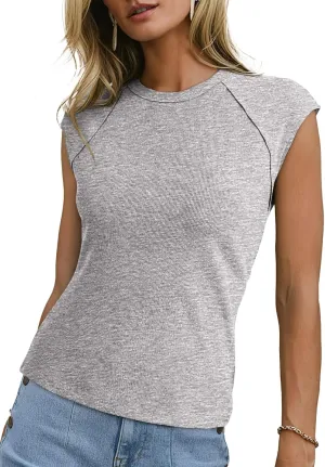 Sidefeel Womens Tops Casual Crewneck Cap Sleeve Tops Ribbed Raw Hem Summer T Shirts Slim Fit Basic Tees Blouses