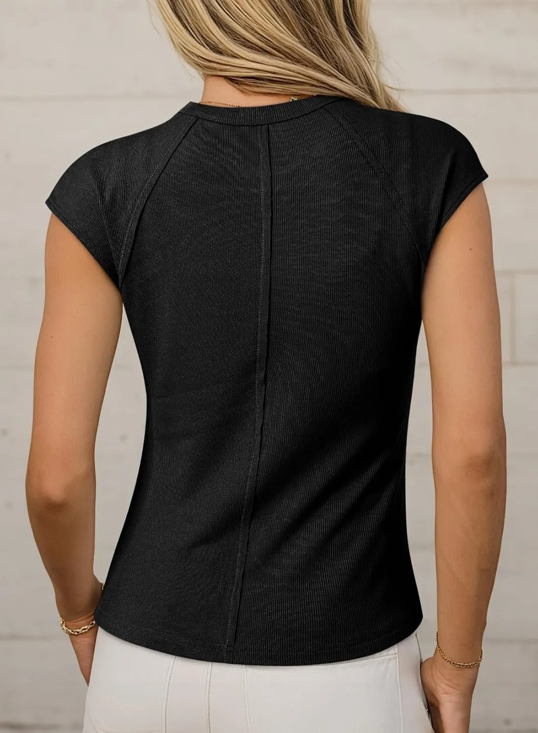 Sidefeel Womens Tops Casual Crewneck Cap Sleeve Tops Ribbed Raw Hem Summer T Shirts Slim Fit Basic Tees Blouses
