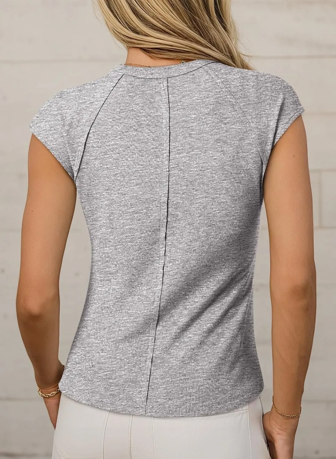 Sidefeel Womens Tops Casual Crewneck Cap Sleeve Tops Ribbed Raw Hem Summer T Shirts Slim Fit Basic Tees Blouses