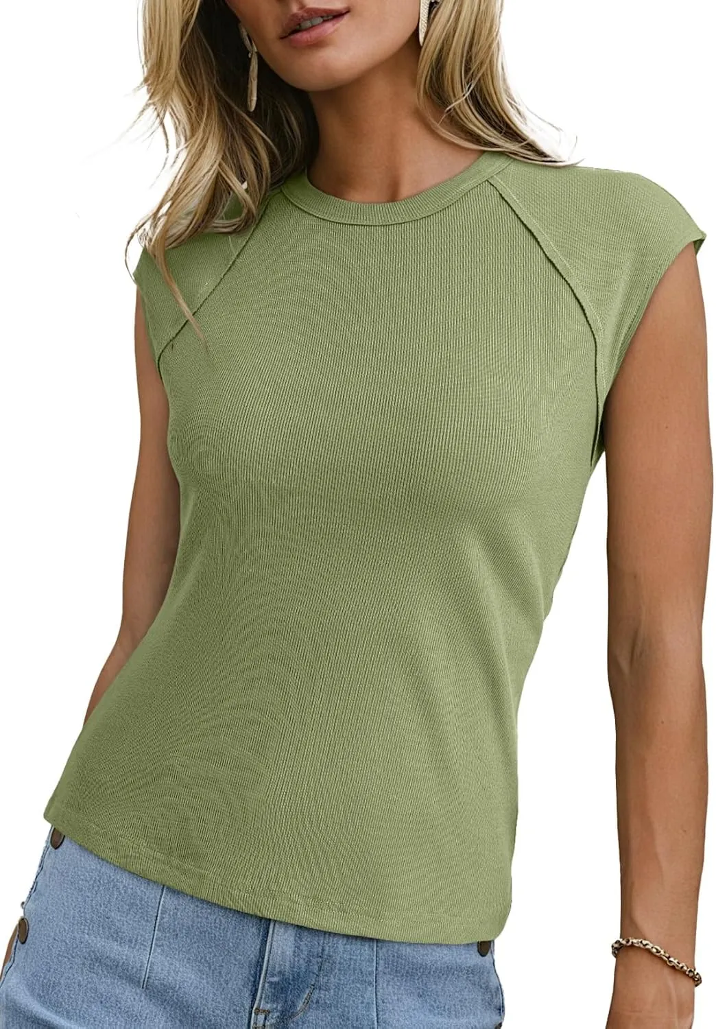Sidefeel Womens Tops Casual Crewneck Cap Sleeve Tops Ribbed Raw Hem Summer T Shirts Slim Fit Basic Tees Blouses
