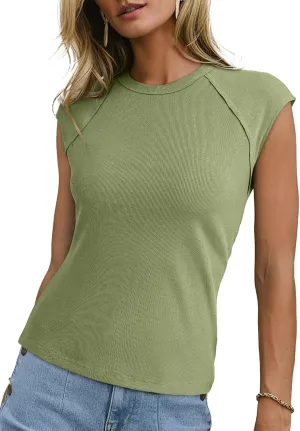 Sidefeel Womens Tops Casual Crewneck Cap Sleeve Tops Ribbed Raw Hem Summer T Shirts Slim Fit Basic Tees Blouses