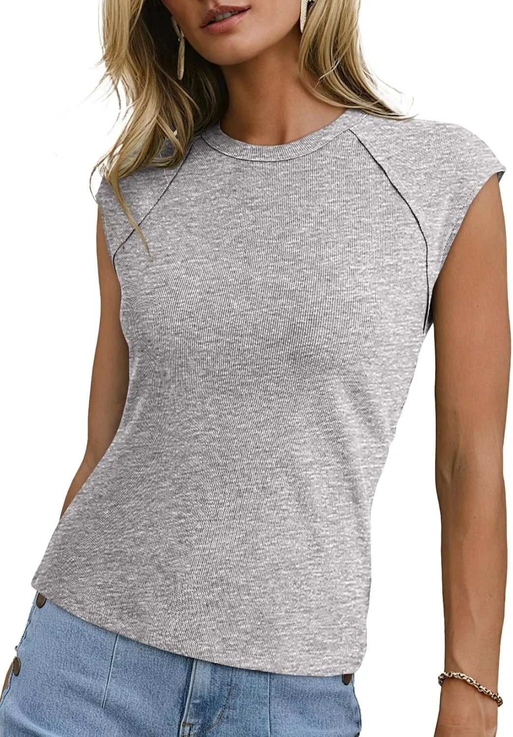 Sidefeel Womens Tops Casual Crewneck Cap Sleeve Tops Ribbed Raw Hem Summer T Shirts Slim Fit Basic Tees Blouses