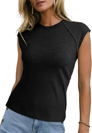 Sidefeel Womens Tops Casual Crewneck Cap Sleeve Tops Ribbed Raw Hem Summer T Shirts Slim Fit Basic Tees Blouses