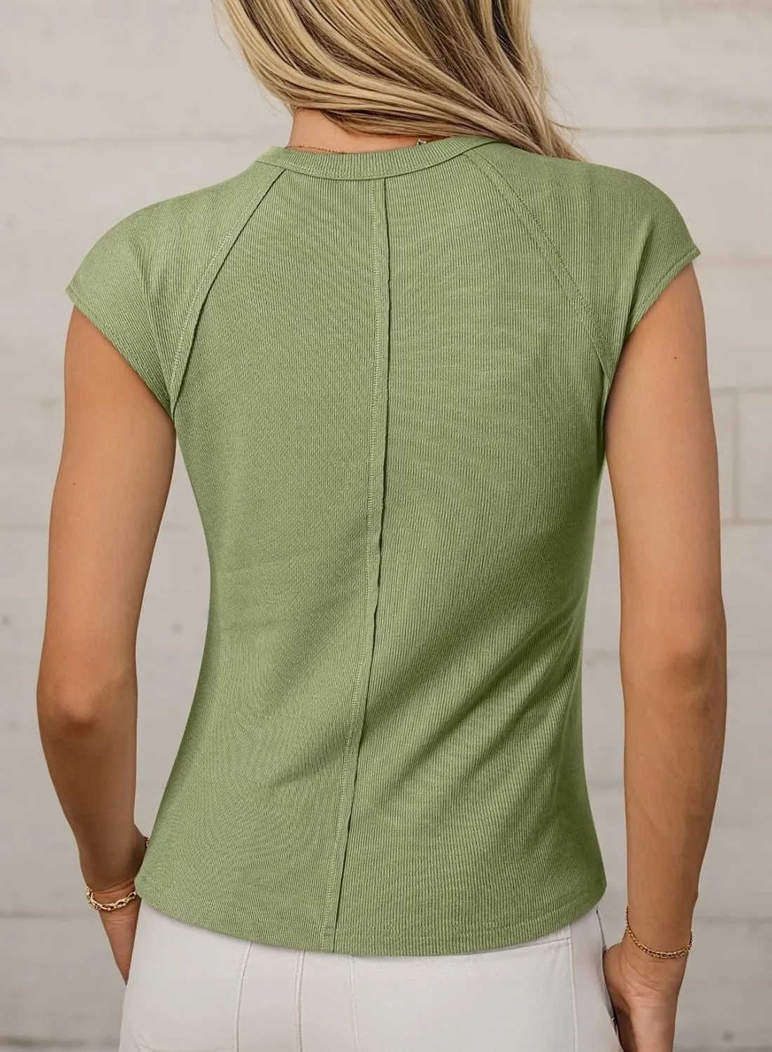 Sidefeel Womens Tops Casual Crewneck Cap Sleeve Tops Ribbed Raw Hem Summer T Shirts Slim Fit Basic Tees Blouses