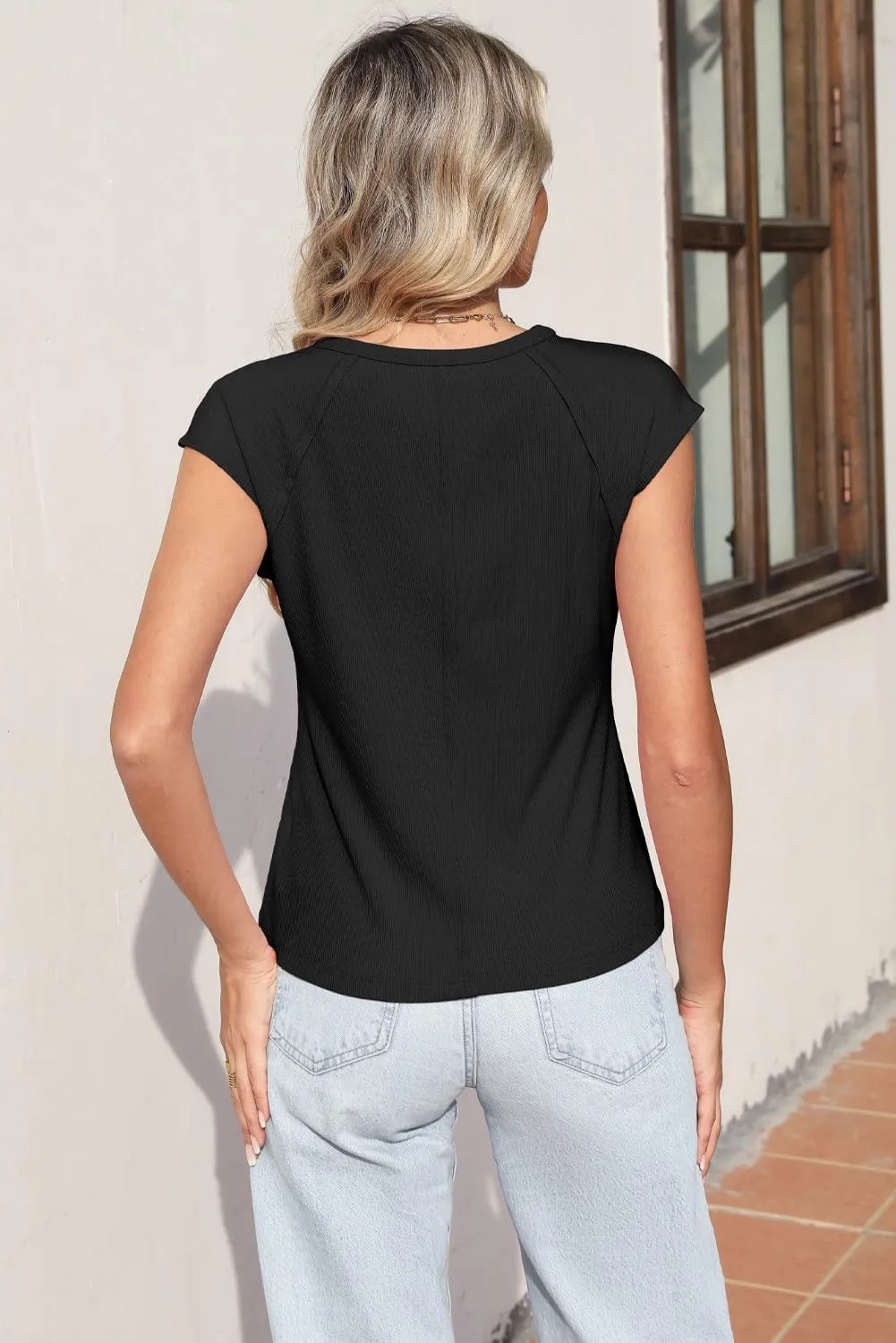 Sidefeel Womens Tops Casual Crewneck Cap Sleeve Tops Ribbed Raw Hem Summer T Shirts Slim Fit Basic Tees Blouses