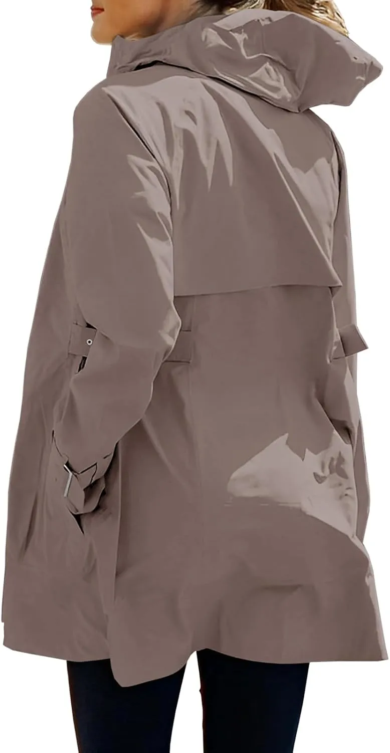 Tankaneo Women's Trench Coat Zip Up Long Sleeve Hooded Jacket Casual Windproof Outwear with Pockets