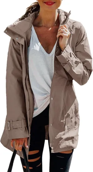 Tankaneo Women's Trench Coat Zip Up Long Sleeve Hooded Jacket Casual Windproof Outwear with Pockets