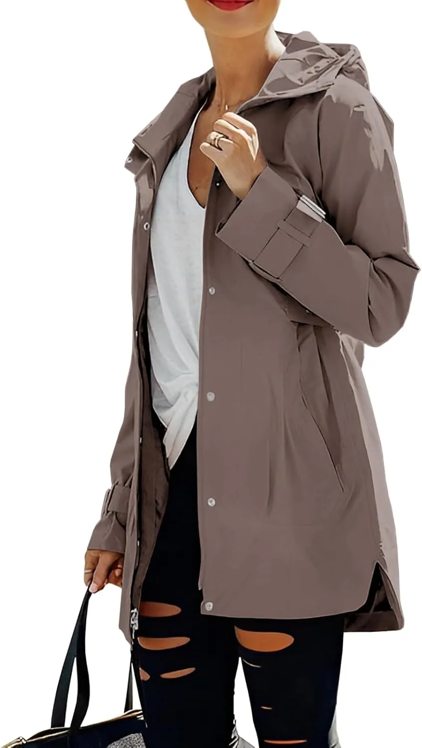 Tankaneo Women's Trench Coat Zip Up Long Sleeve Hooded Jacket Casual Windproof Outwear with Pockets