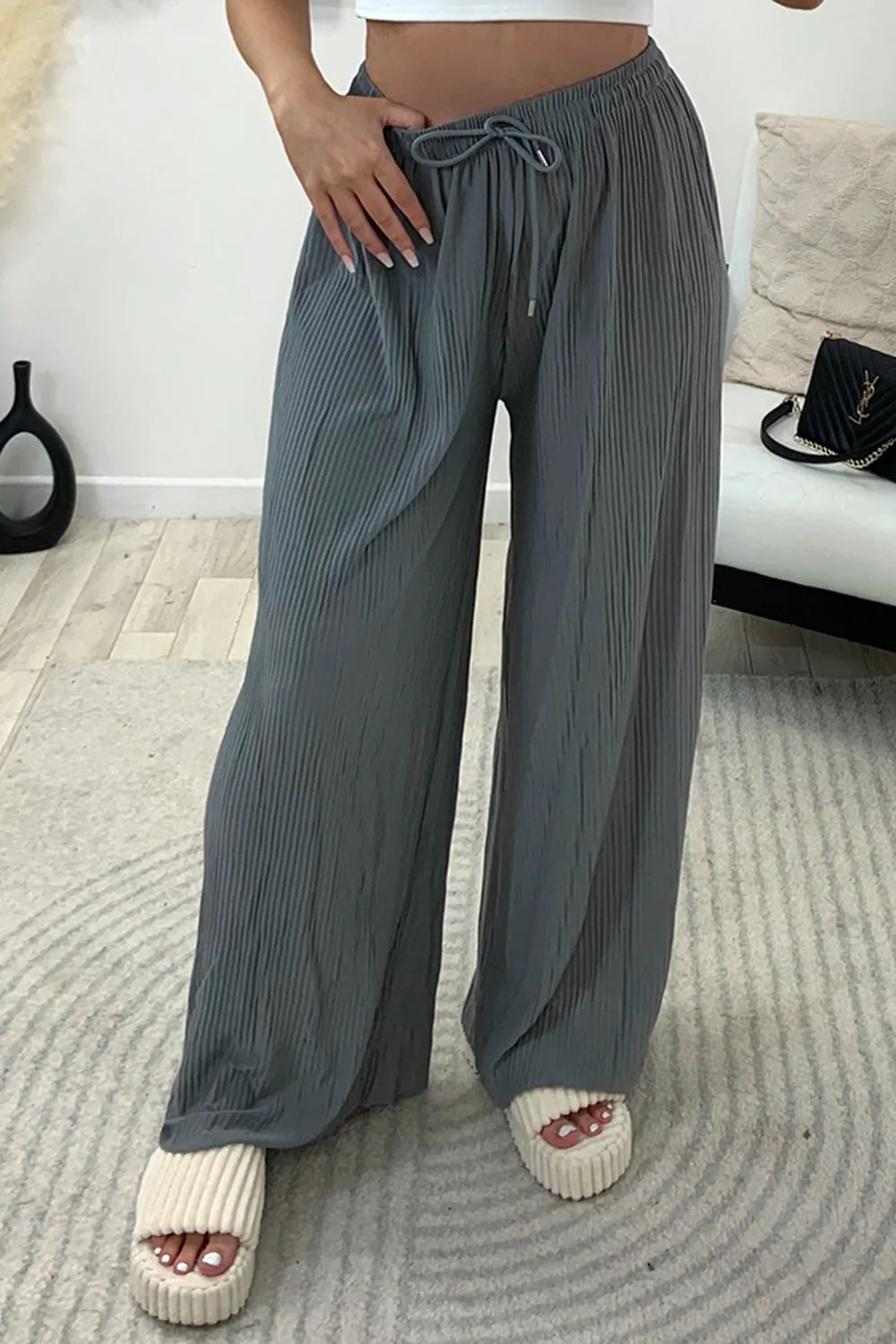 Tanya Grey Plisse High Waisted Drawstring Wide Leg Trousers