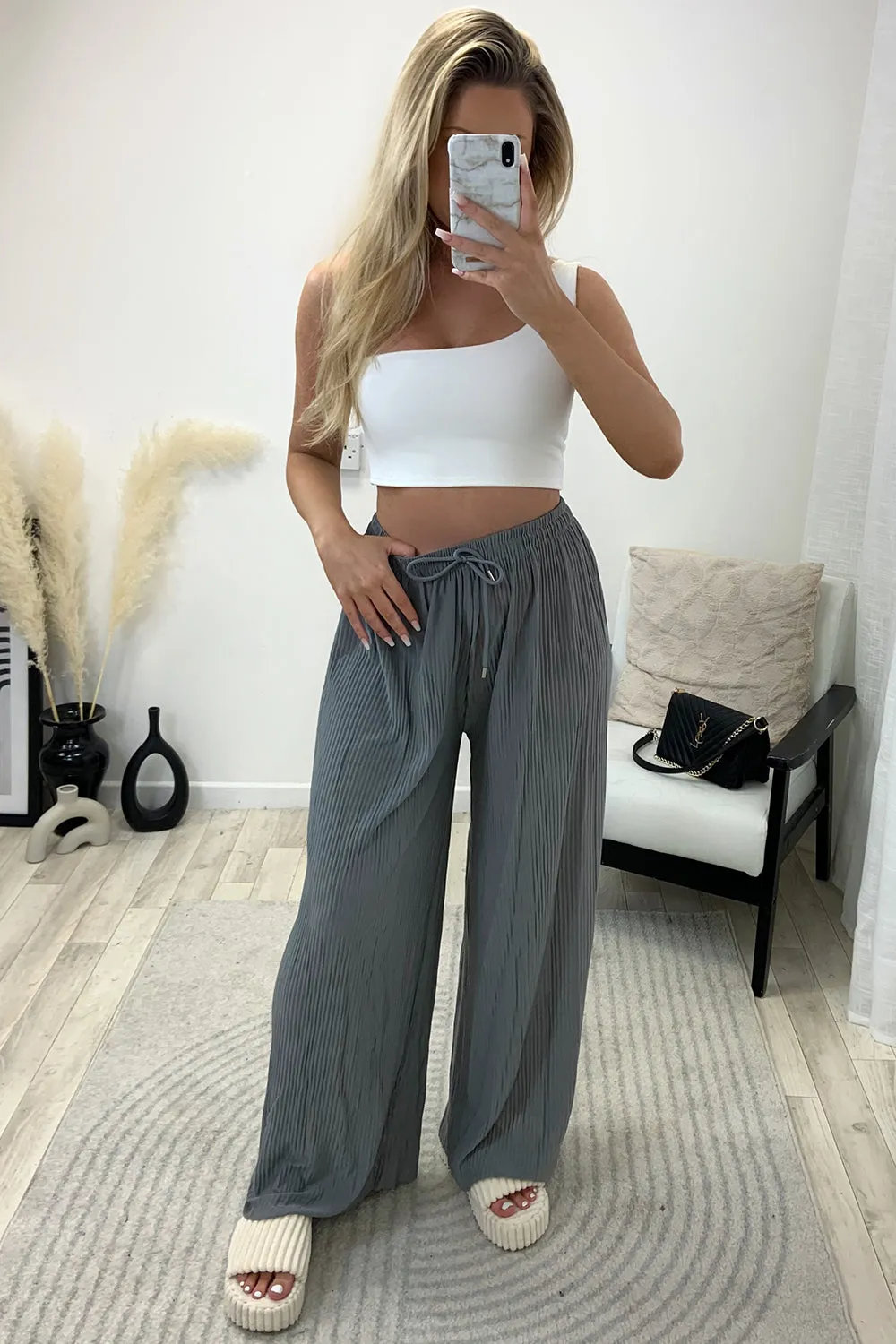 Tanya Grey Plisse High Waisted Drawstring Wide Leg Trousers
