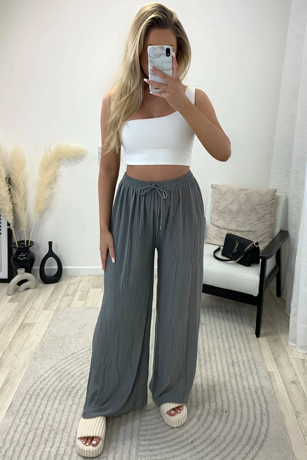 Tanya Grey Plisse High Waisted Drawstring Wide Leg Trousers