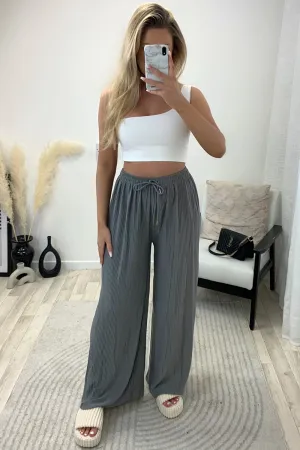 Tanya Grey Plisse High Waisted Drawstring Wide Leg Trousers
