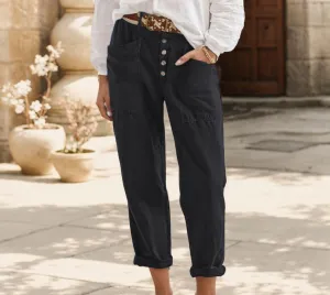 TIAFORD Women Cotton Linen Pant High Waist Button Up Wide Leg Long Pant Summer Loose Beach Lounge Capri Trousers with Pocket