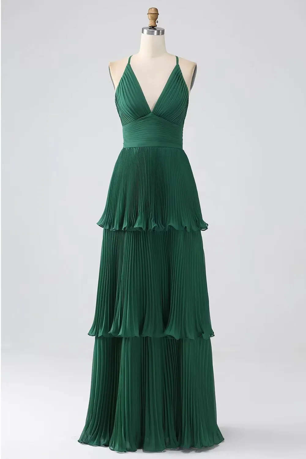 Tiered Ruffles Bridesmaid Dresses for Women Chiffon V-Neck A-line Long Formal Evening Gowns