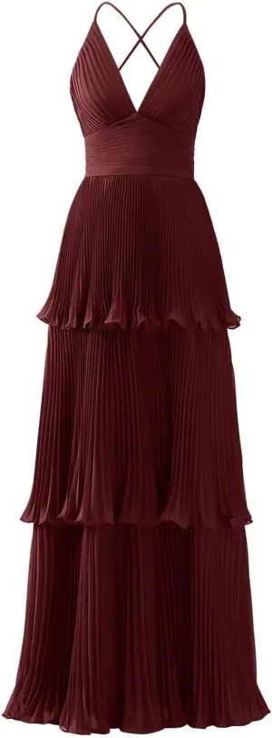Tiered Ruffles Bridesmaid Dresses for Women Chiffon V-Neck A-line Long Formal Evening Gowns