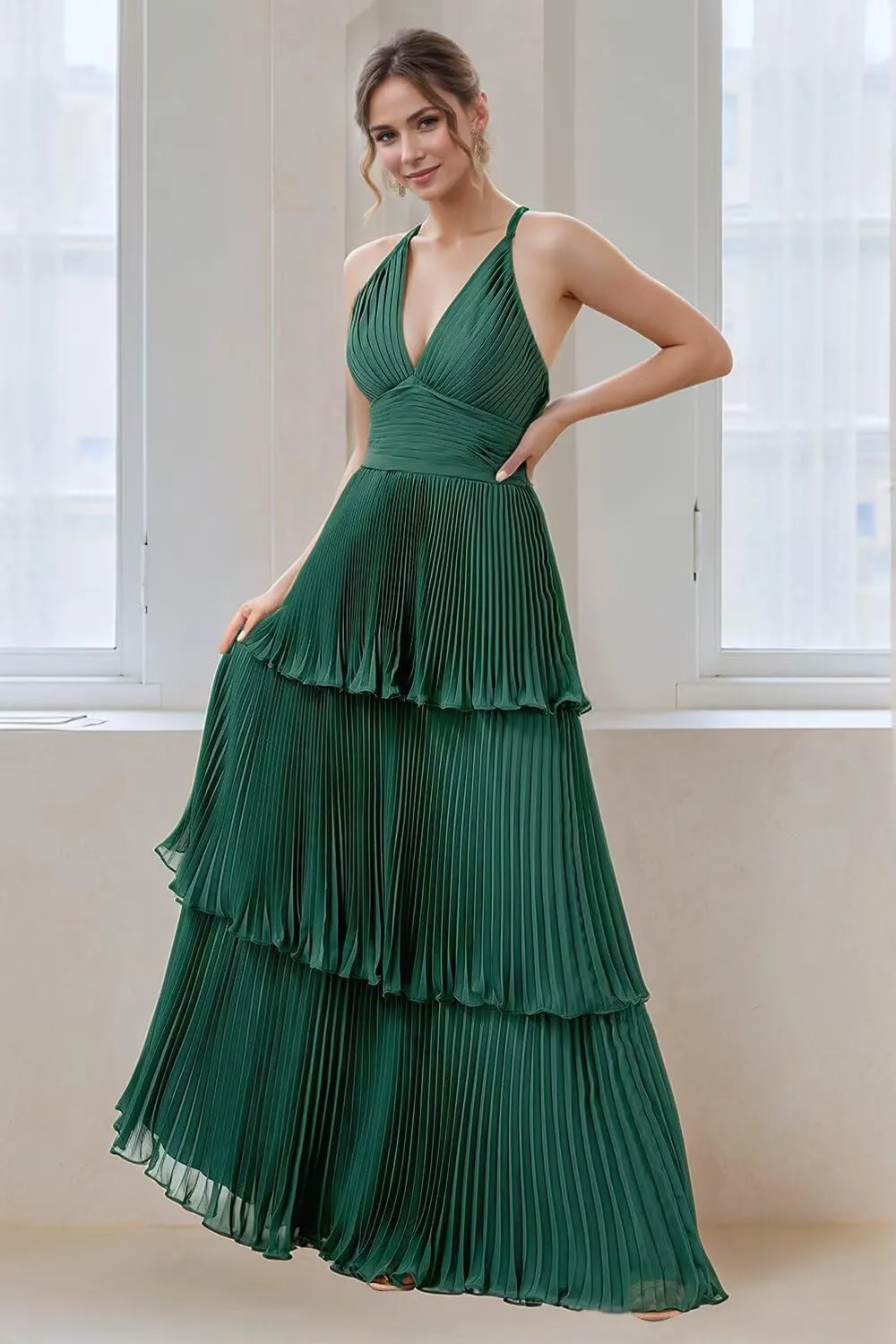 Tiered Ruffles Bridesmaid Dresses for Women Chiffon V-Neck A-line Long Formal Evening Gowns